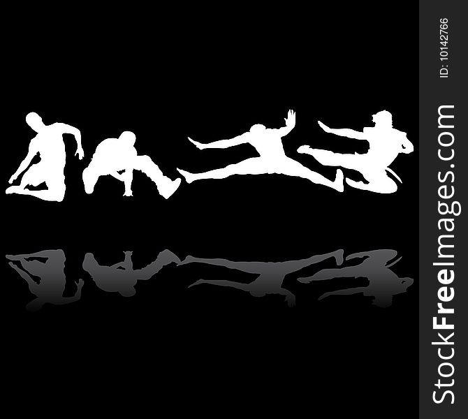 Jumping men silhouettes with reflection, vector illustration