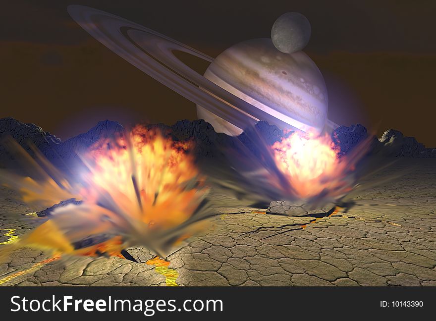 Lava eruptions on the ground of a far planet. Lava eruptions on the ground of a far planet