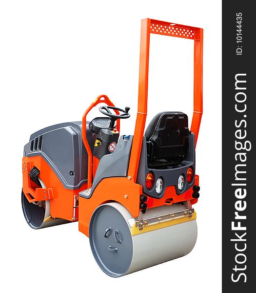 Orange road roller isolated over white background