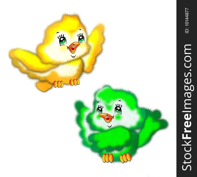 The drawn fluffy birds of yellow and green colour