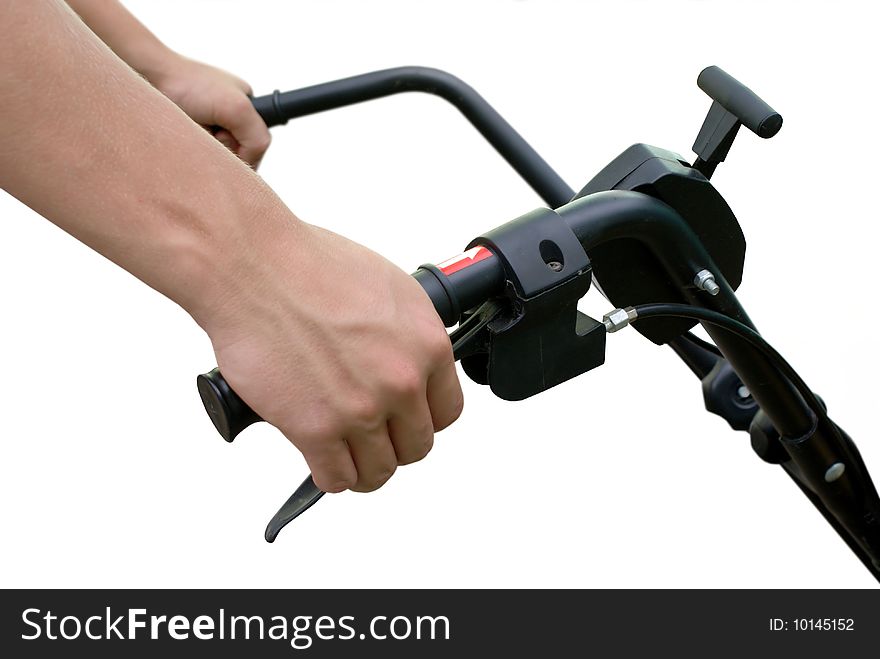 Handle the management of the cultivator, toggle between the speed of rotation of blade cultivator.An isolated object on a white background.