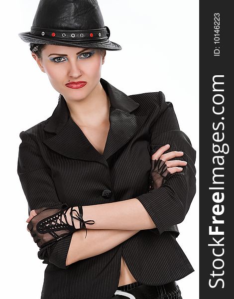 Young fashionable woman with black hat over white. Young fashionable woman with black hat over white