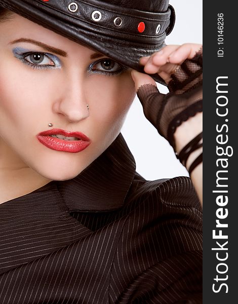 Young fashionable woman with black hat. Young fashionable woman with black hat