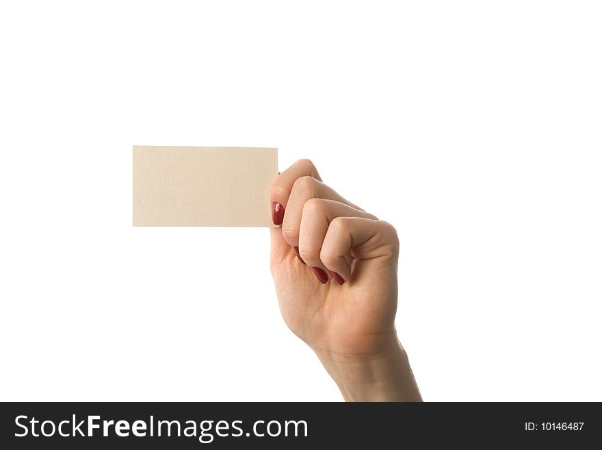 Woman's hand with business card on white. Woman's hand with business card on white