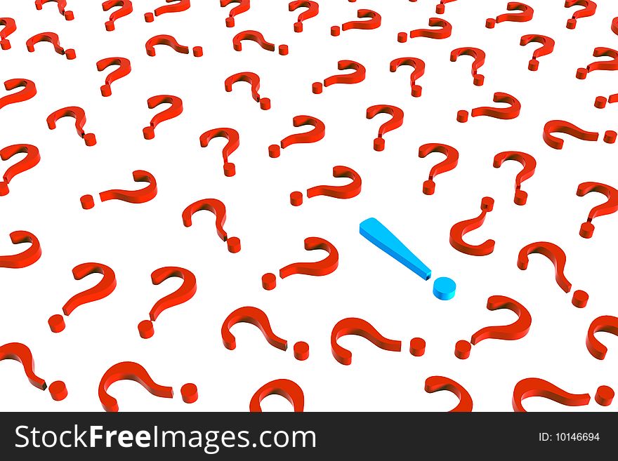 3D rendered illustration of blue exclamation mark in a cluster of red question marks, metaphor for an inspired solution to a problem. 3D rendered illustration of blue exclamation mark in a cluster of red question marks, metaphor for an inspired solution to a problem