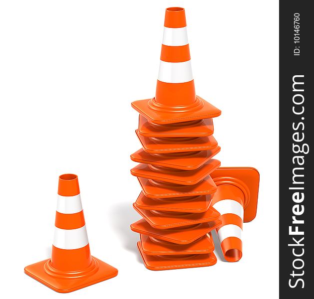3D illustration of orange, reflective, construction cones isolated on white background. 3D illustration of orange, reflective, construction cones isolated on white background