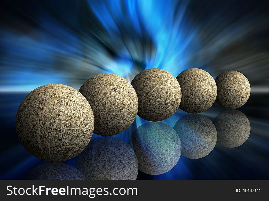 Five hay spheres on abstract dark blue background