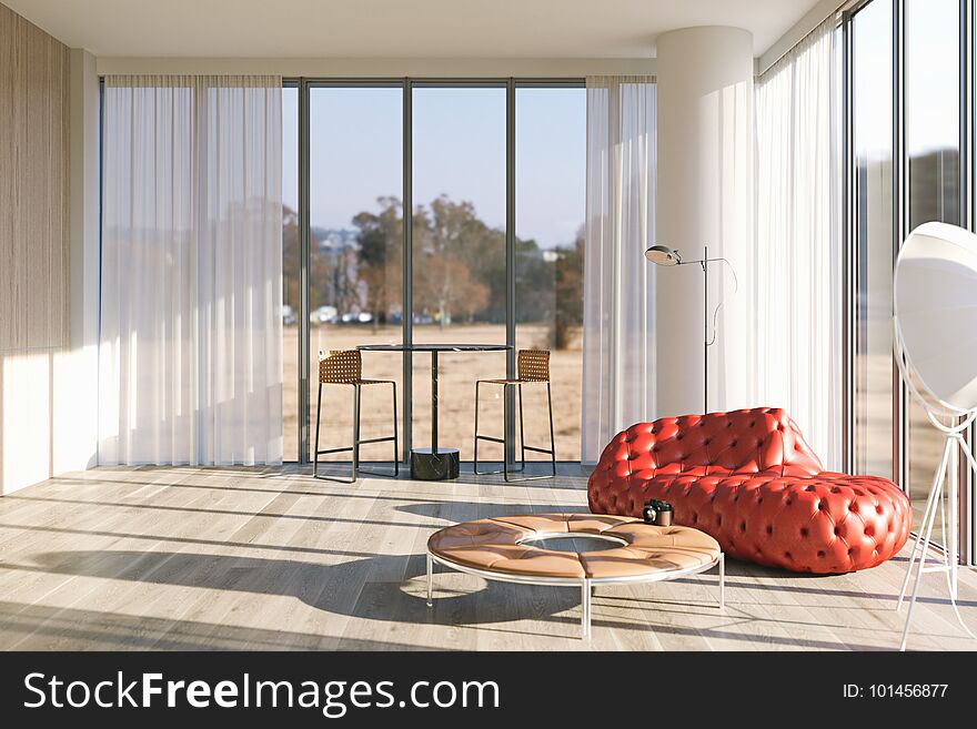 Living room in loft with leather red sofa 3d render