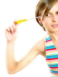 Pretty Young Lady Thinking With A Screwdriver Stock Images