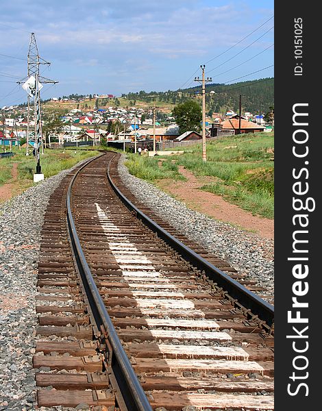 The railway rails and cross ties near settlement