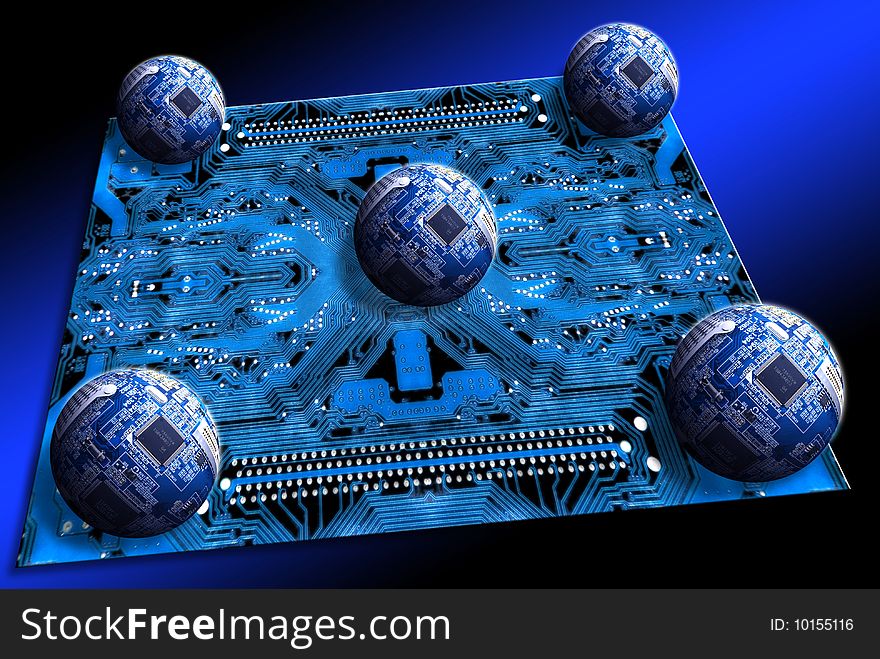 Motherboard & five scheme spheres on dark blue background