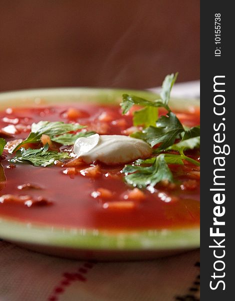 National Ukrainian beet soup (borsch) in a plate