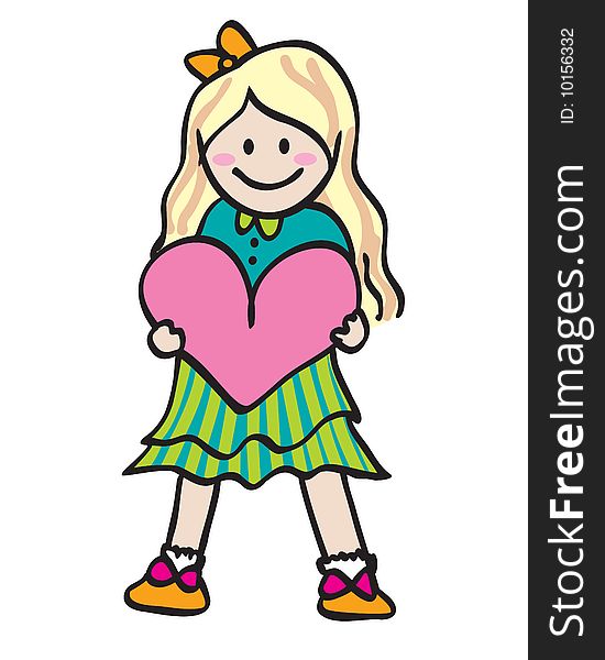 Girl holding heart hand drawn illustration isolated over white background
