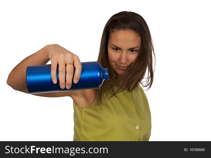 Woman holding blue bottle of water of white background