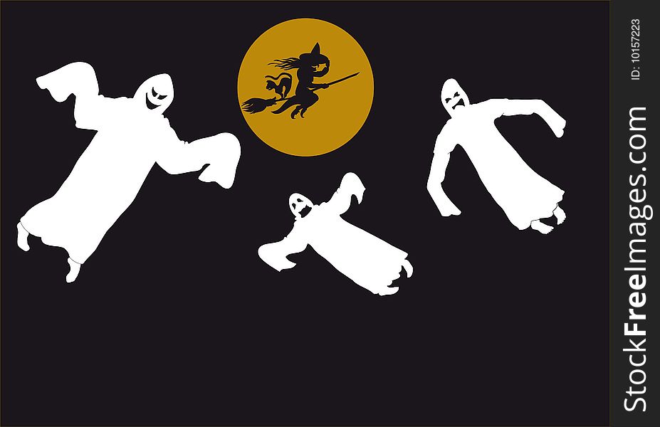 Three white ghosts on a black background.Witch silhouette against the backdrop of the moon. Three white ghosts on a black background.Witch silhouette against the backdrop of the moon.