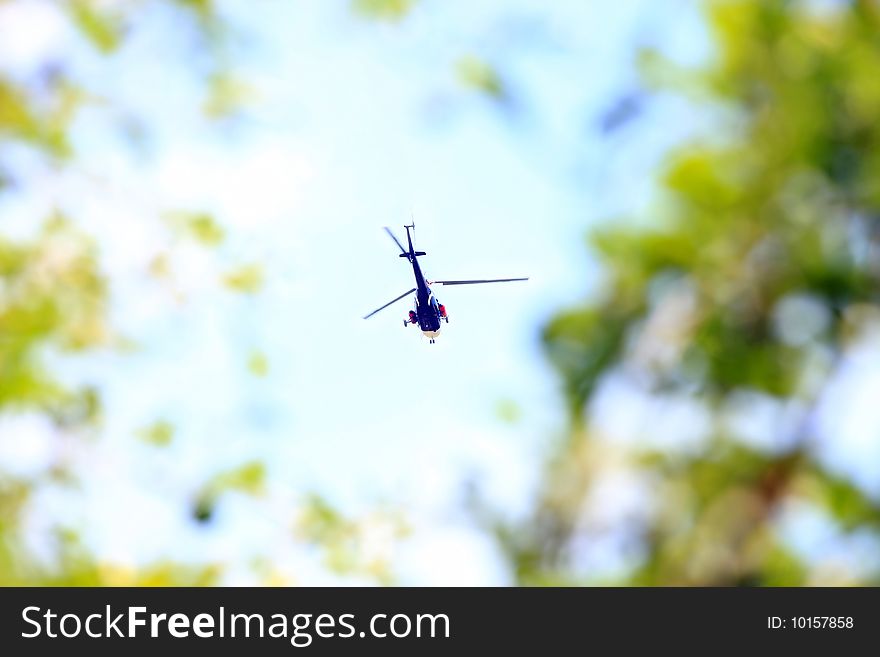 Helicopter flying high in the sky, and which looks like a dragonfly among leaves