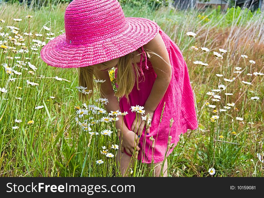 Little girl smelling wild daisies.