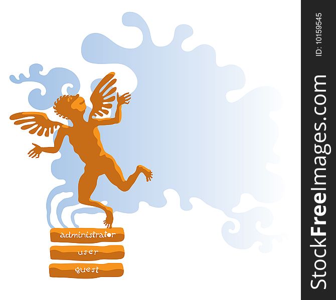 Orange angel pressing the log in buttons (administrator, user, guest) in a blue cloud. Orange angel pressing the log in buttons (administrator, user, guest) in a blue cloud