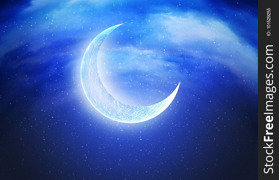 Stylized abstract textured crescent moon design over night sky background. Stylized abstract textured crescent moon design over night sky background.