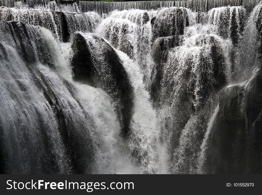 Water, Waterfall, Nature, Black And White