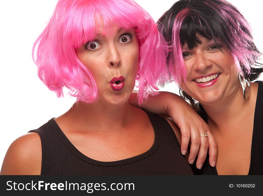 Portrait of Two Pink And Black Haired Smiling Girls Isolated on a White Background.