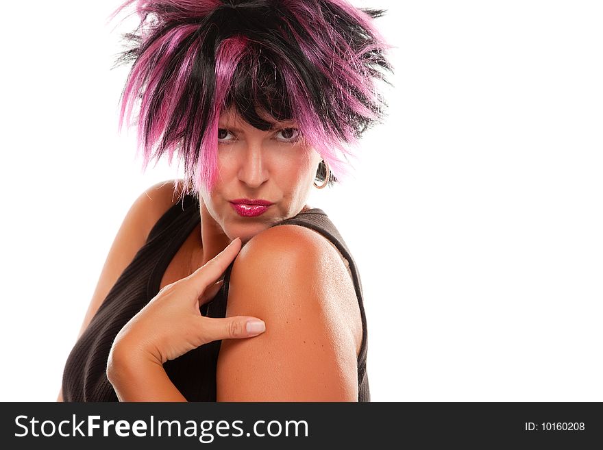 Pink And Black Haired Girl Portrait Isolated on a White Background.