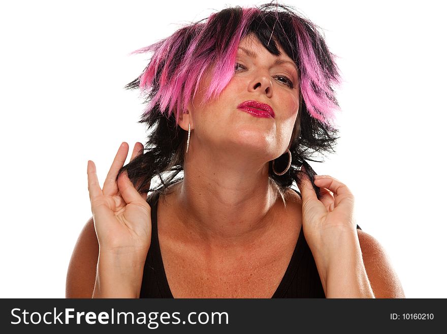 Pink And Black Haired Girl Portrait Isolated on a White Background.