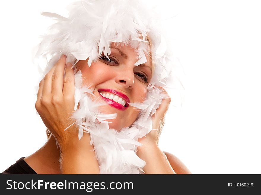 Pretty Girl with White Boa Isolated on a White Background.
