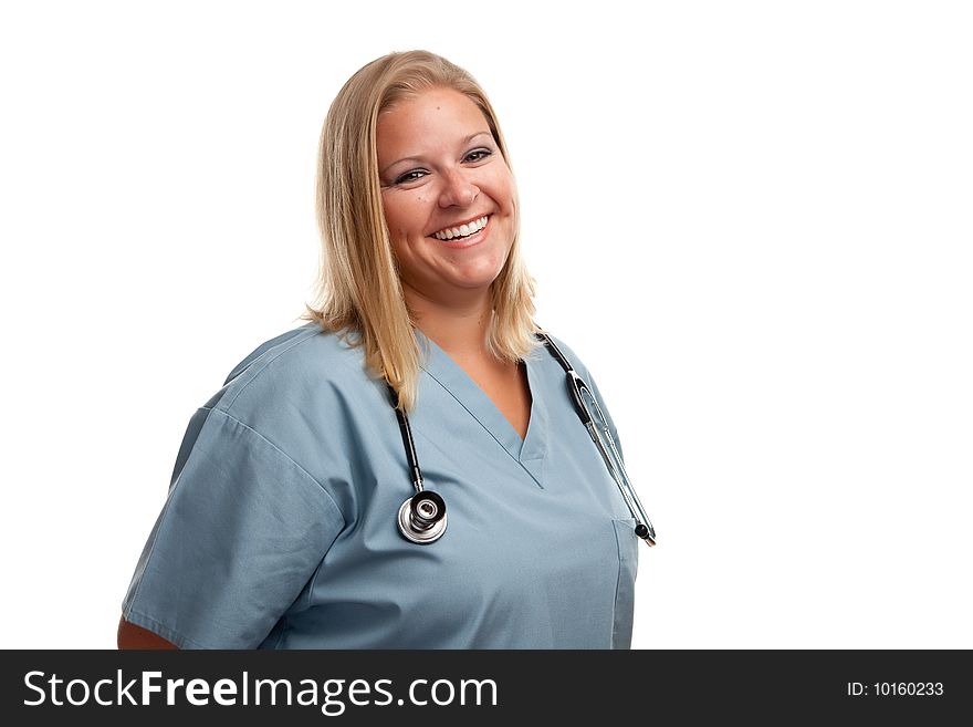 Friendly Female Blonde Doctor or Nurse Isolated on a White Background.