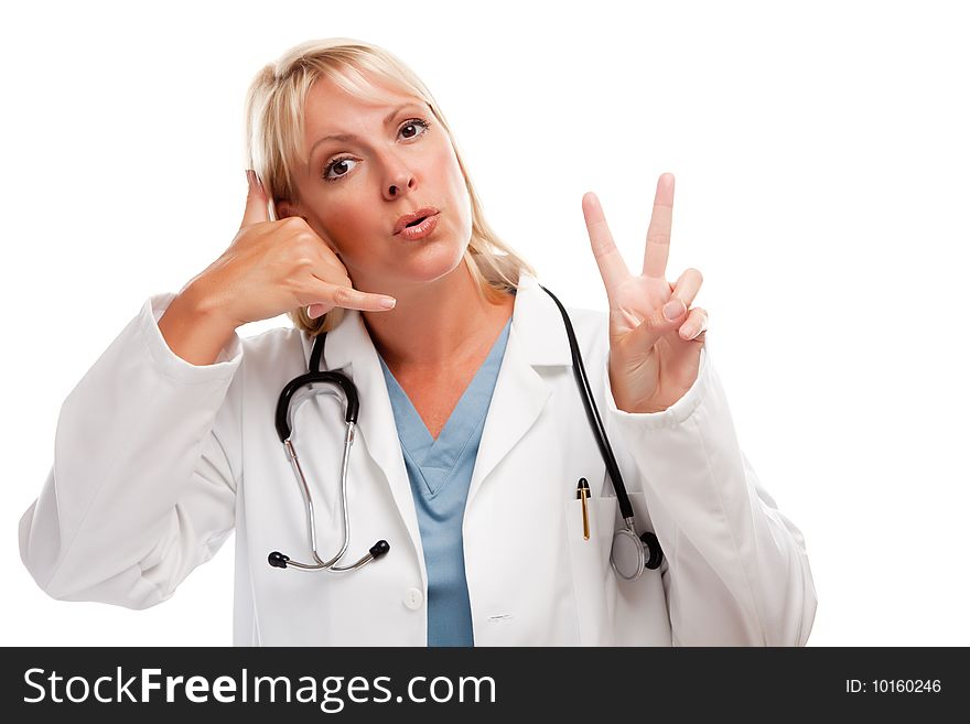 Friendly Female Blonde Doctor or Nurse Saying Take Two and Call Me with Her Hands Isolated on a White Background.