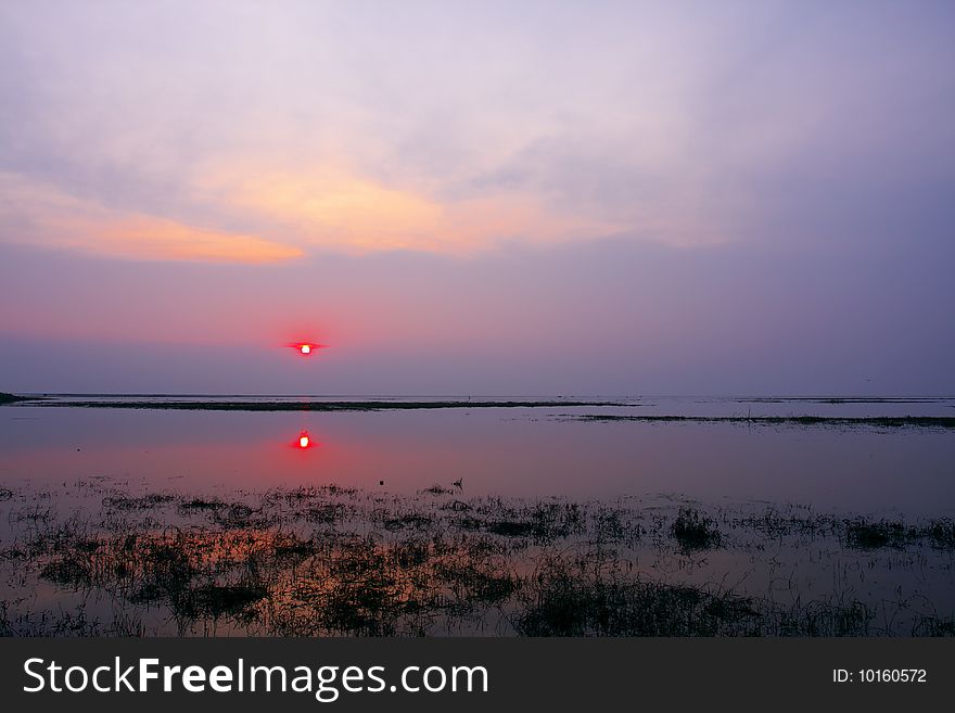 The lake is very beautiful at sunset