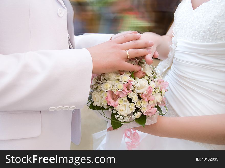 Colorful bride and groom picture on the isolated background