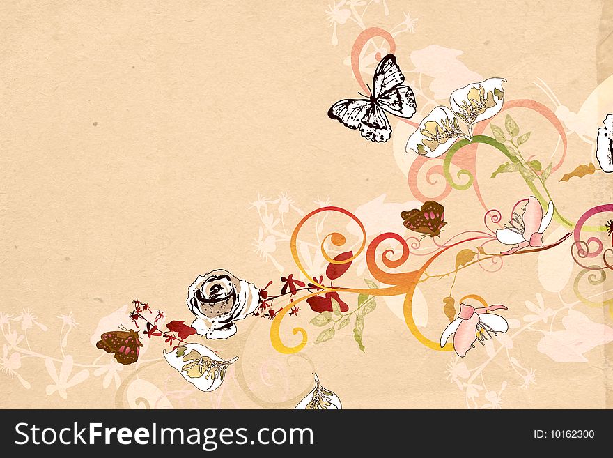 Illustration of flowers and butterflies on vintage paper. Illustration of flowers and butterflies on vintage paper