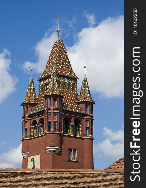 Basel Switzerland town hall (Rathaus) clock tower. Basel Switzerland town hall (Rathaus) clock tower