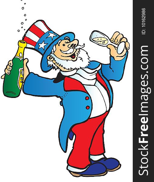 Uncle Sam celebrates with a glass of bubbly champagne