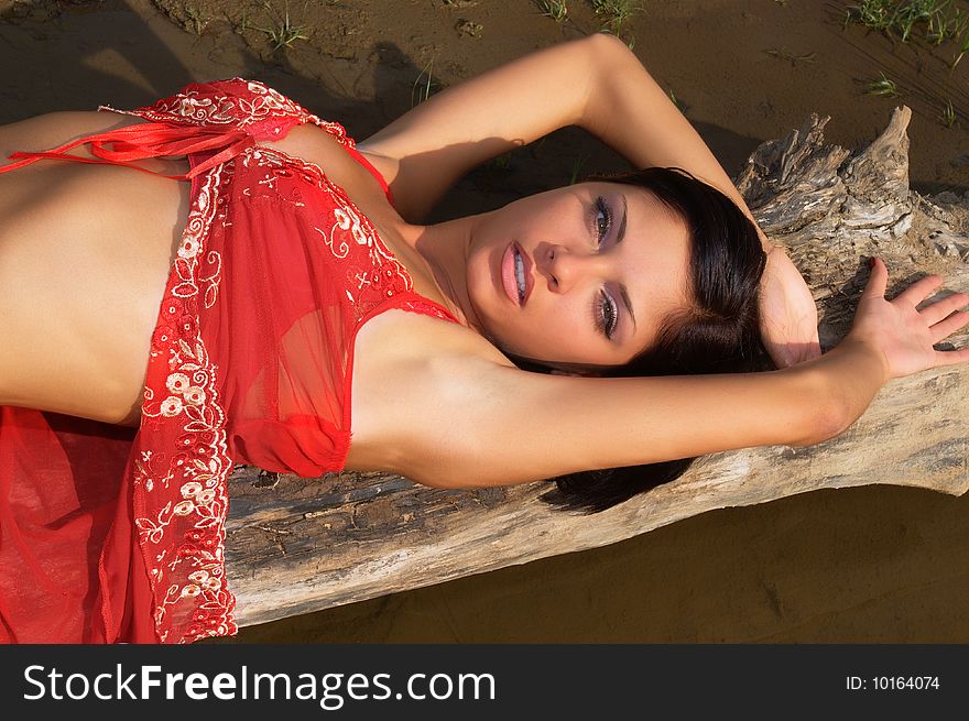 The beautiful young woman relaxing on a tree