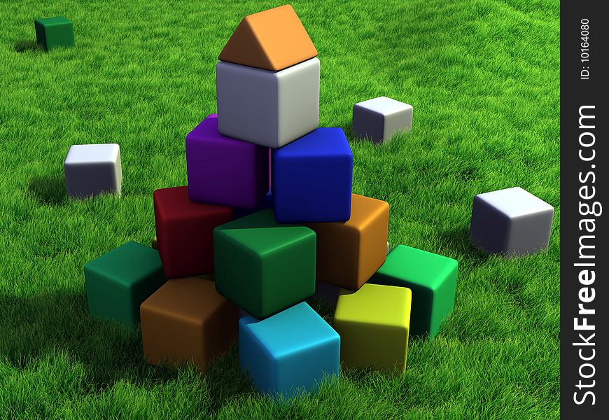 Colorful cube structure on a grass plain. Colorful cube structure on a grass plain.