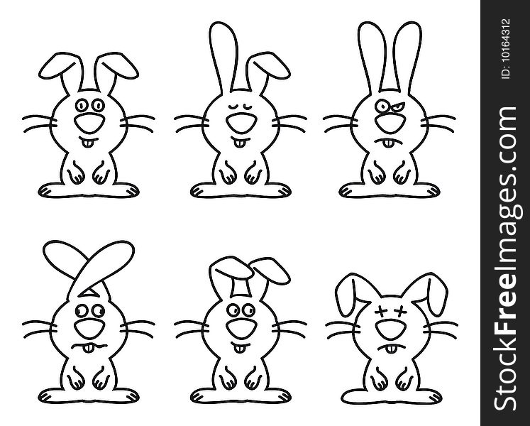 Six funny bunnies with different expressions on white