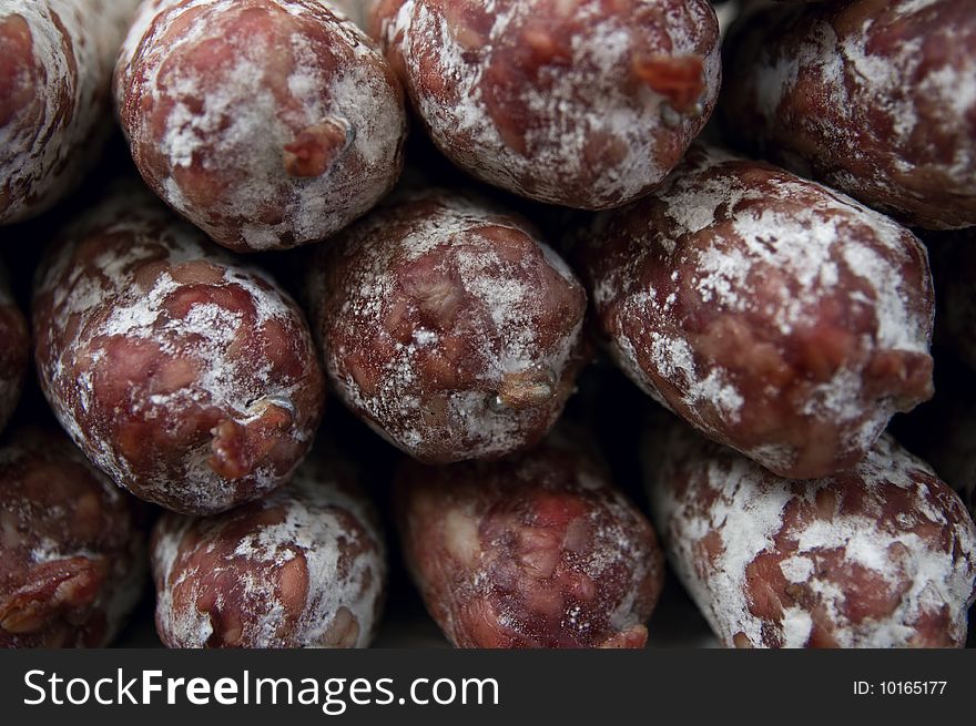 Close-up on saucissons seen a a French market. Close-up on saucissons seen a a French market