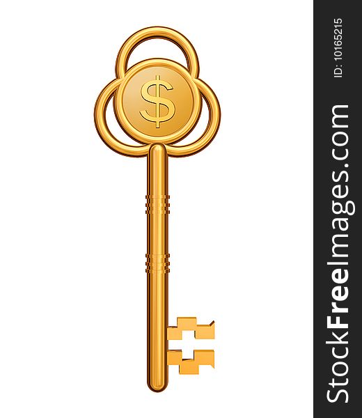 3d golden key with dollar symbol isolated