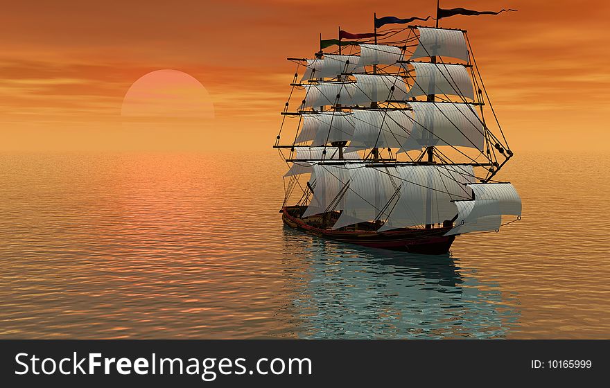 Sailboat in the sunset in the middle of the sea