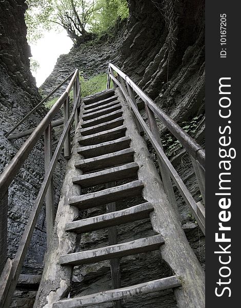 Wooden stairway near the waterfall