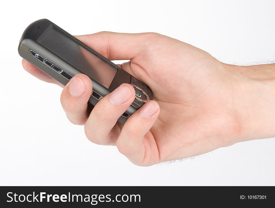 Mobile phone in man hand. Isolated on white
