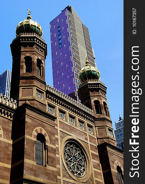 The east front of the Moorish style Jewish Central Synagogue on Lexington Avenue with its famous double onion dome towers (Lee Snider Photo). The east front of the Moorish style Jewish Central Synagogue on Lexington Avenue with its famous double onion dome towers (Lee Snider Photo).