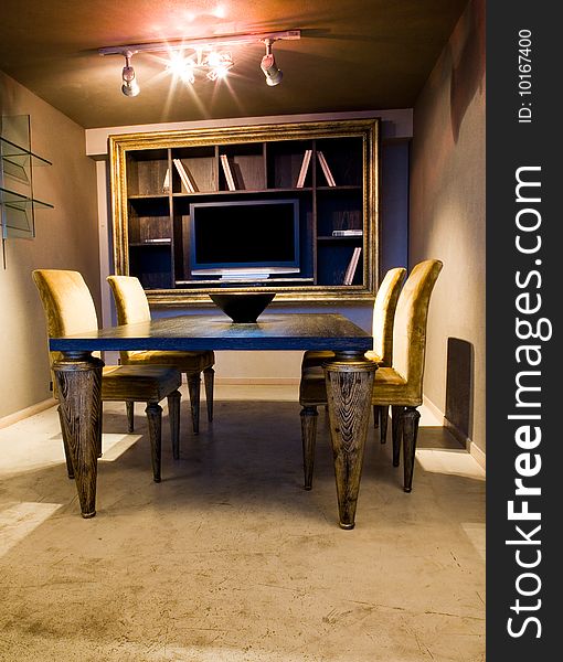 Blue and yellow dining room interior