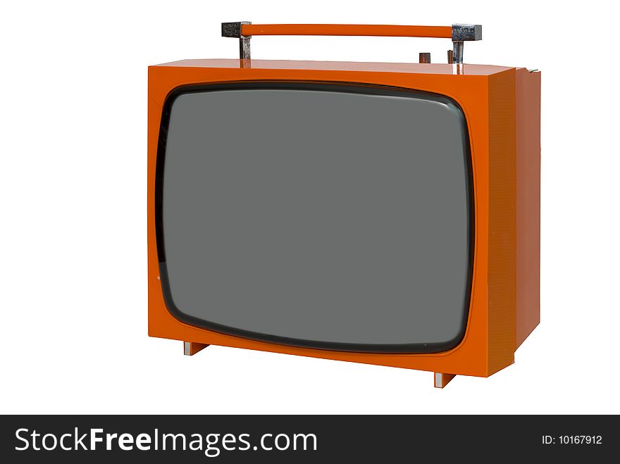 Old and orange television of years '70 on white background. Old and orange television of years '70 on white background