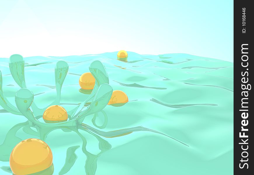 A illustration of 3d splash on water with yellow balls