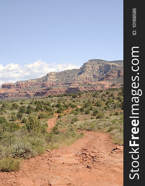 View of offroading desert in Sedona Arizona, red rocks surrounded by scrub brush