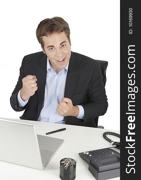 Foto showing young businessman being successful and showing his fisIsolated on white background. Foto showing young businessman being successful and showing his fisIsolated on white background.
