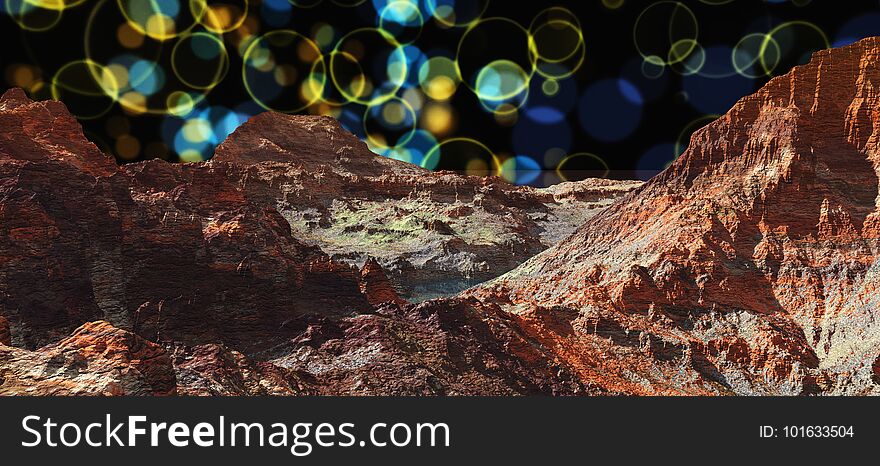 A panorama of the planet Mars, an alien landscape, a stony desert, 3D rendering